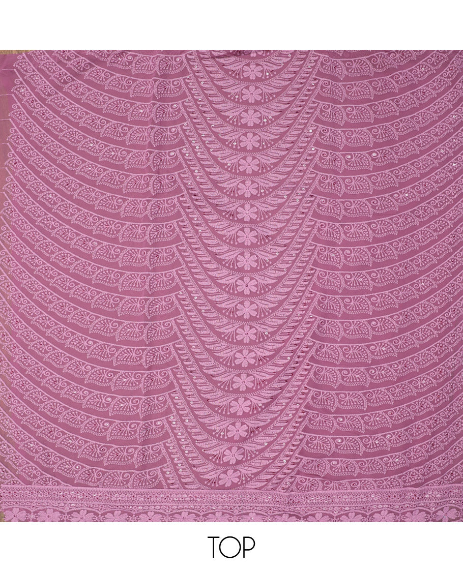 Light Purple Material Chudidar Set, Delicately Woven with Chikankari-Style Thread and Sequins Embroidery on Georgette Top, a Plain Santoon Bottom, and Paired with a Geometric Embroidery Georgette Dupatta