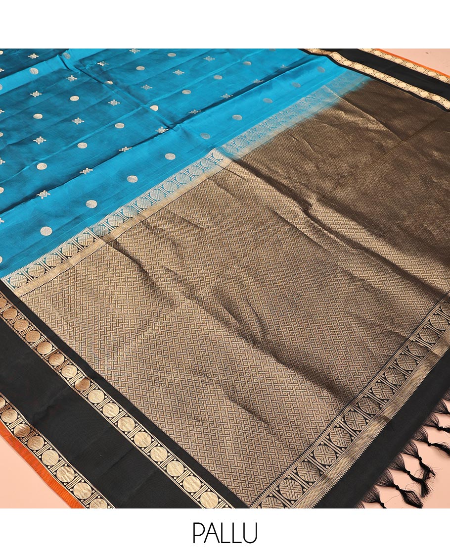 Blue Buttas Vasundhara Lite Silkmix Saree, Contrast Rettai-Pettu Border, Contrast Blouse