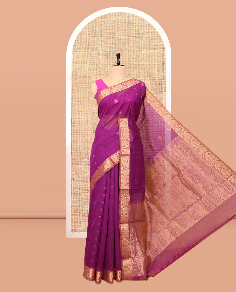 Pink Silk Cotton Saree, Embellished with Zari Buttas, a Contrast Floral Creeper Border, Grand Pallu, and a Contrast Blouse