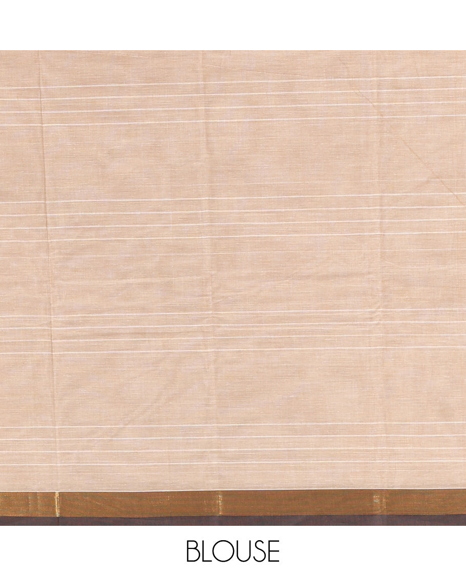 Light Sandal Kanchi Cotton Saree, Woven with Thread Buttas and Stripes, a Contrast Border, Intricate Pallu, and a Matching Blouse