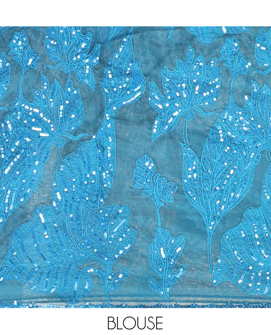 Blue Organza Saree, Beautifully Bedecked with Floral Sequins-Thread Embroidery, Scallop-Embroidered Border, and a Matching Blouse