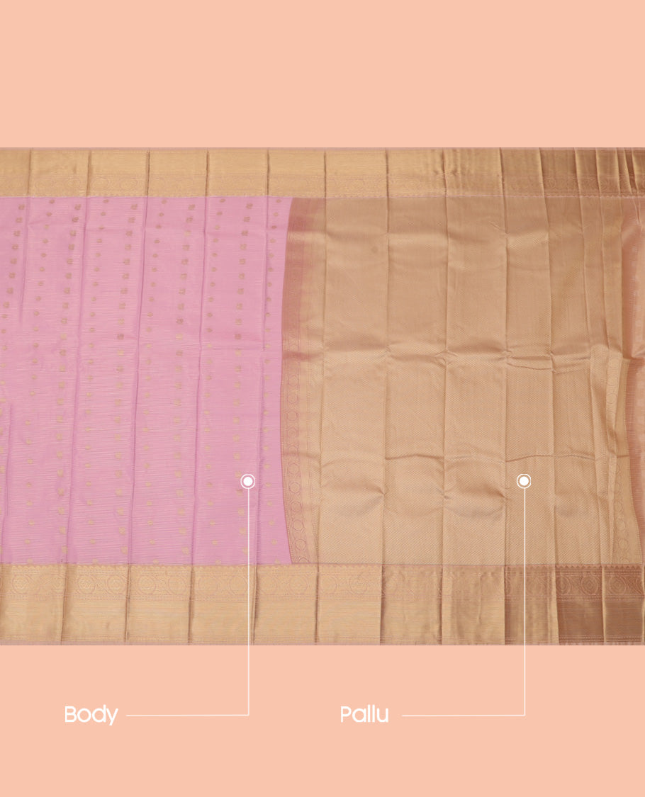 Pink Budget Silk Saree, Sparsely Threaded with Zari Buttas and Stripes, a Contrast Traditional Zari Border, Grand Pallu, and a Contrast Blouse