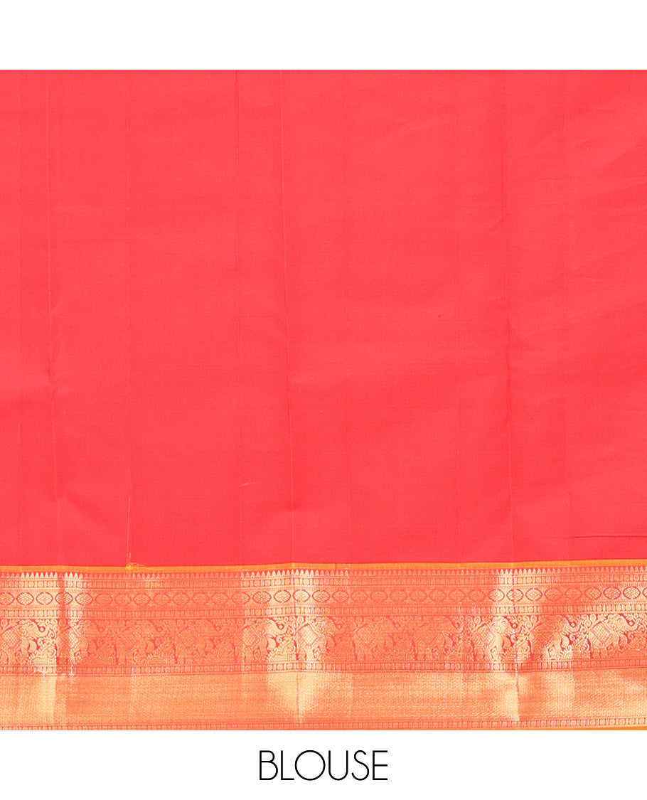 Pink Vasundhara Lite Silk Mix Saree, Spotlighted with Zari Buttas All Over Its Body, Complemented by a Contrast Border of Rekku, Rudraksham, Laddu Kamalam, Yaanai, and Mayil Kann Designs, Grand Jaal-Design Pallu, and Paired with a Contrast Blouse