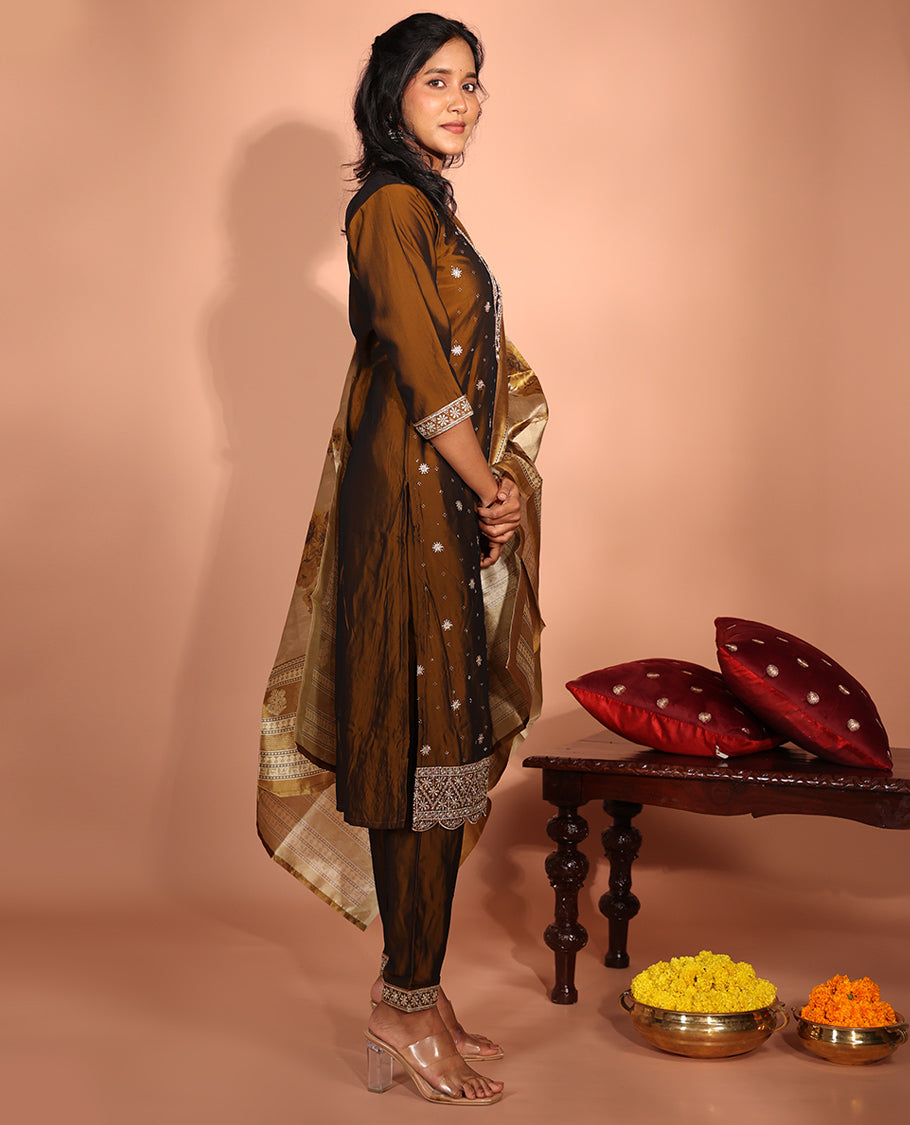 Brown Vichitra Readymade Suit