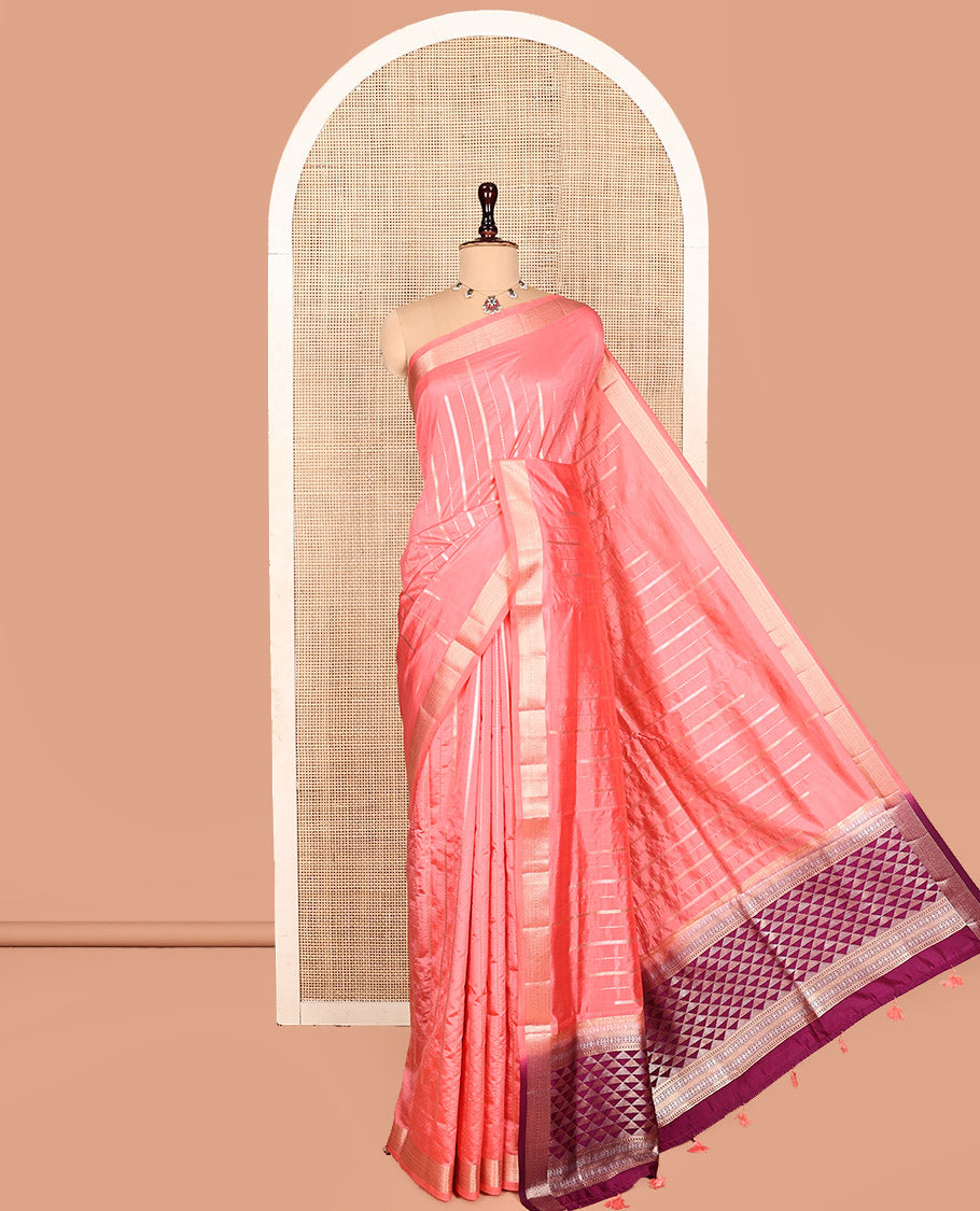 Pink Dupion Silk Saree, Bedecked with Zari Stripes, Highlighted by a Traditional Zari Design Border, Contrast Pallu of Geometric Design, and a Contrast Blouse
