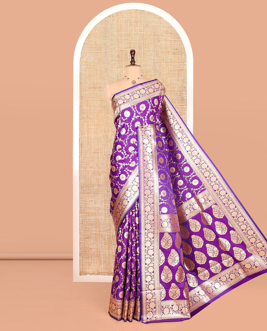 Violet Banarasi Nylon Saree, Prettified with Jaal Jacquard, Floral Creeper Zari Border, Intricate Pallu, and a Matching Blouse