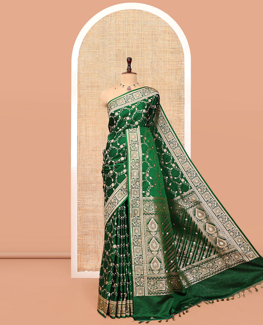 Green Banarasi Satin Saree, Enriched with Floral Jaal Jacquard, a Self-Border, Intricate Stonework Pallu, and a Matching Blouse