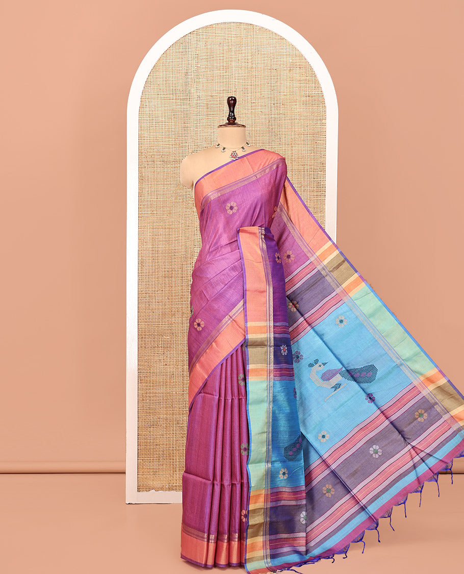 Purple Tussar Silk Saree, Bedecked with Flower Motifs, Contrast Zari Border, Thread Woven Pallu, and Contrast Blouse