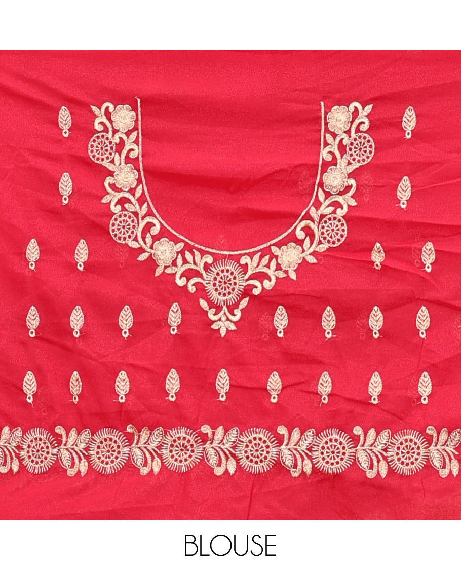 Blue Art Silk Half Saree Features Buttas Woven Skirt, Contrast Traditional Border, an Embroidered Blouse, and Contrast Scallop Embroidered Dhavani