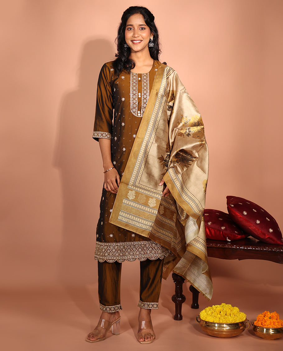 Brown Vichitra Readymade Suit