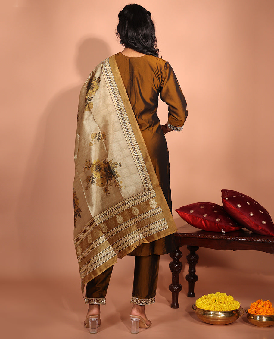 Brown Vichitra Readymade Suit