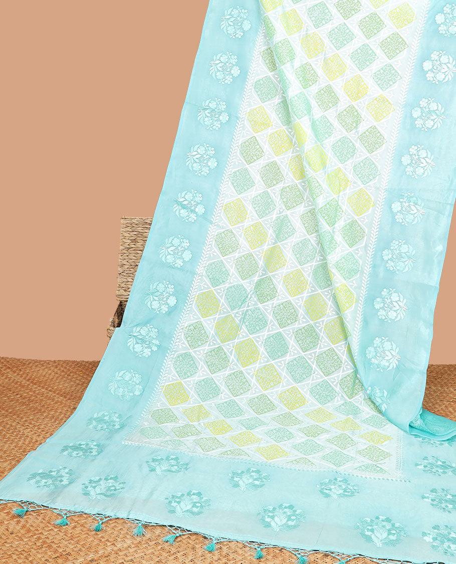 light blue floral thread embroidery dupion saree with contrast floral embroidery border & floral thread embroidery pallu