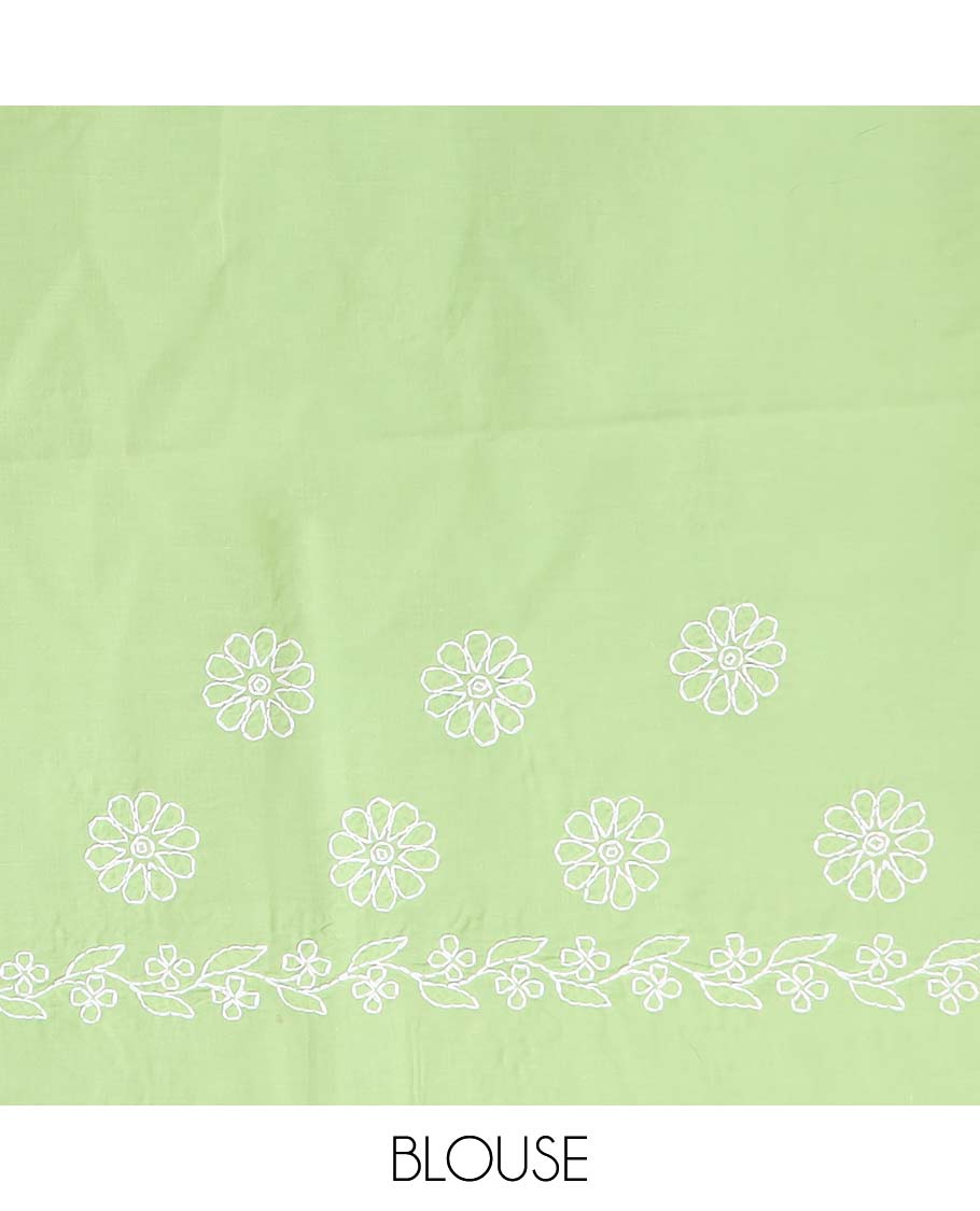 Green all-over floral thread embroidery chikankari cotton saree with self embroidery border
