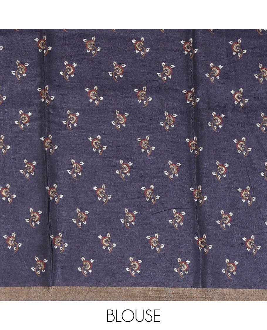 Navy blue kalamkari flora-fauna printed kadhi linen saree,contrast zari piping & floral print border,kalamkari peacock pallu & printed blouse