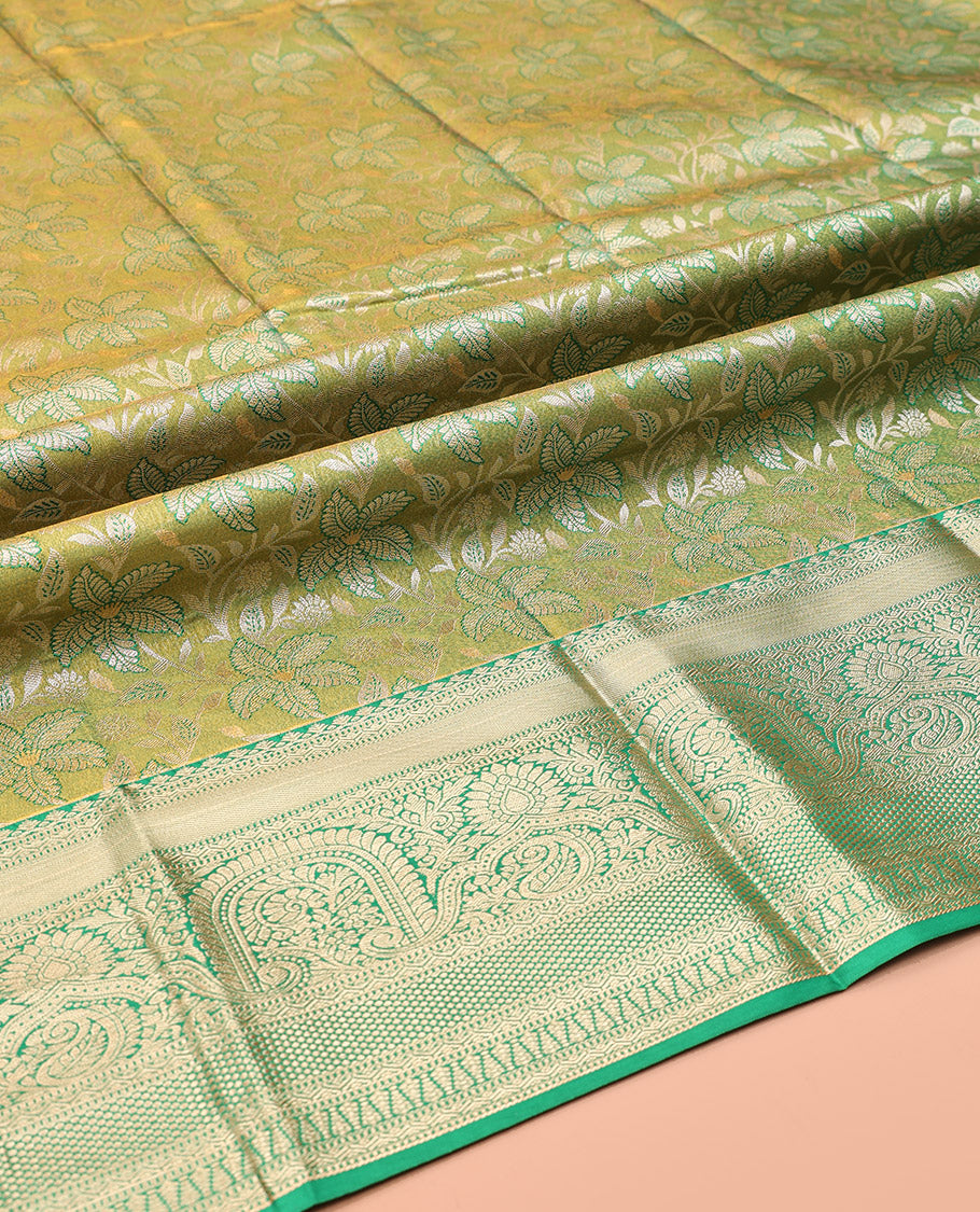 Green Art Silk Half-Saree, Embellished with Floral Jacquard Design, Contrast Traditional Zari Border, and Paired with a Matching Blouse