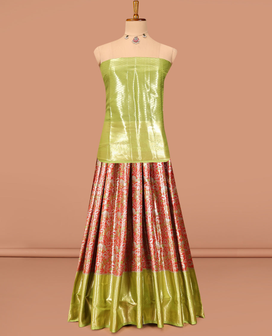 Orange Art Silk Material Half Saree Set Featuring a Zari Buttas and Checked Skirt, a Contrast Traditional Zari Design Border, Contrast Blouse, and Zari Designs Dhavani
