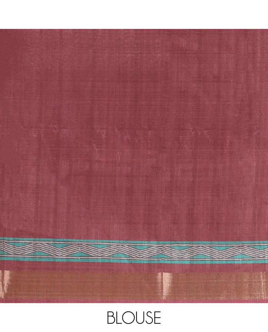 Green Art Tussar Saree, Accentuated with Geometric Patterns, a Contrast Zari Border, a Geometric Pallu, and a Contrast Blouse