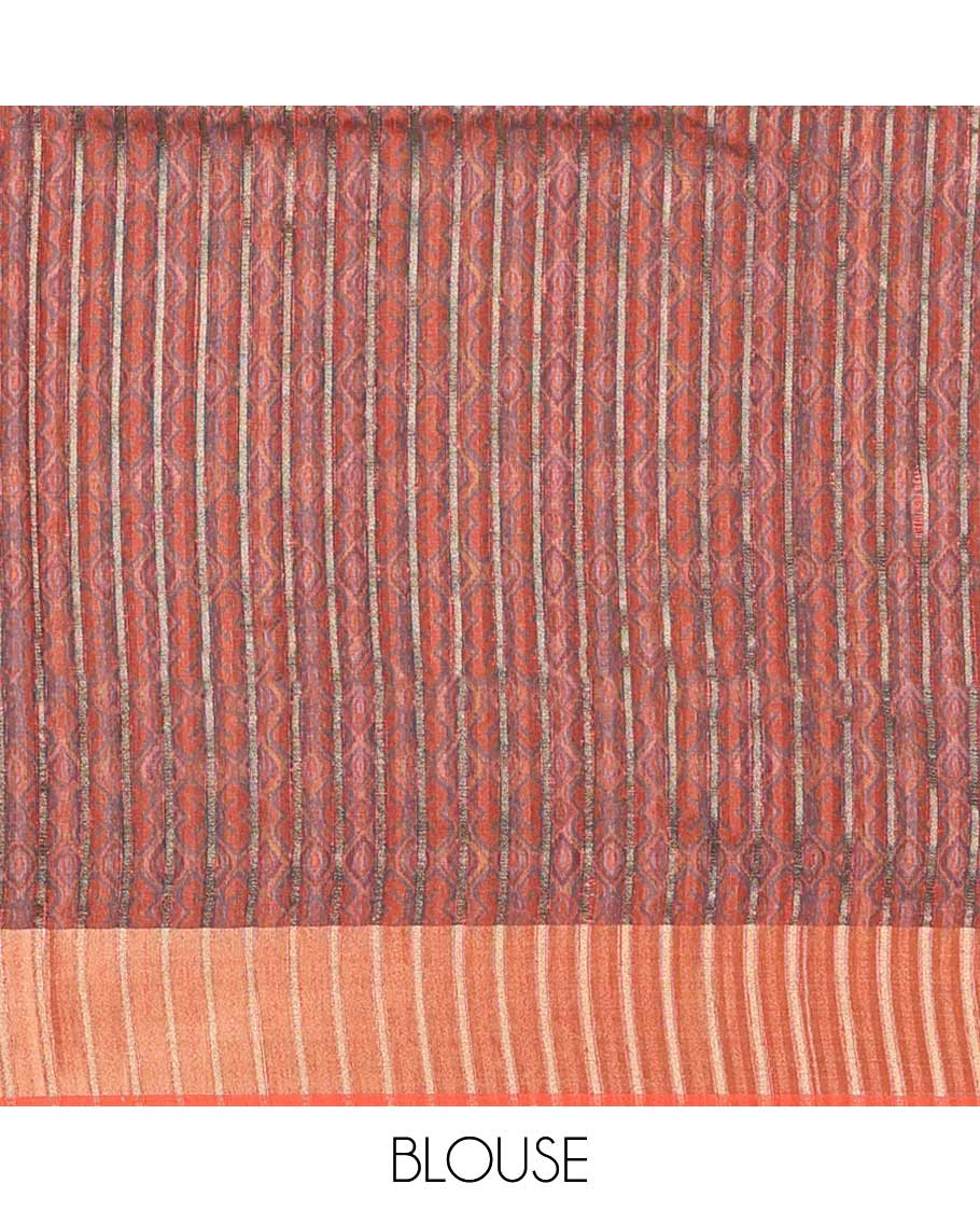 Rust ikaat style printed khicha tussar saree with bawanchi border & jute weaving pallu along with printed blouse
