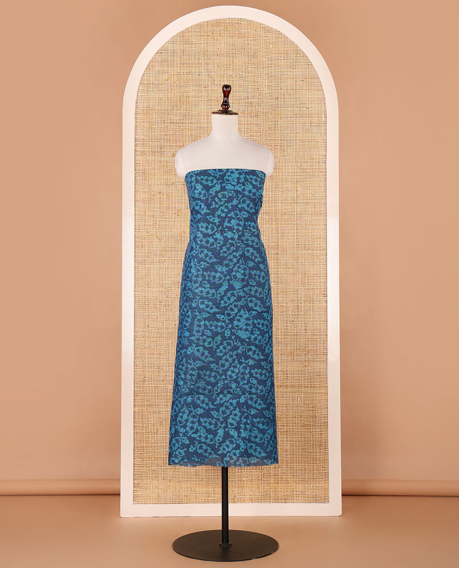 Blue chudidhar material, leaf batik-print bhagalpuri cotton top,contrast batik-print bottom & dual-color printed mul-mul dupatta