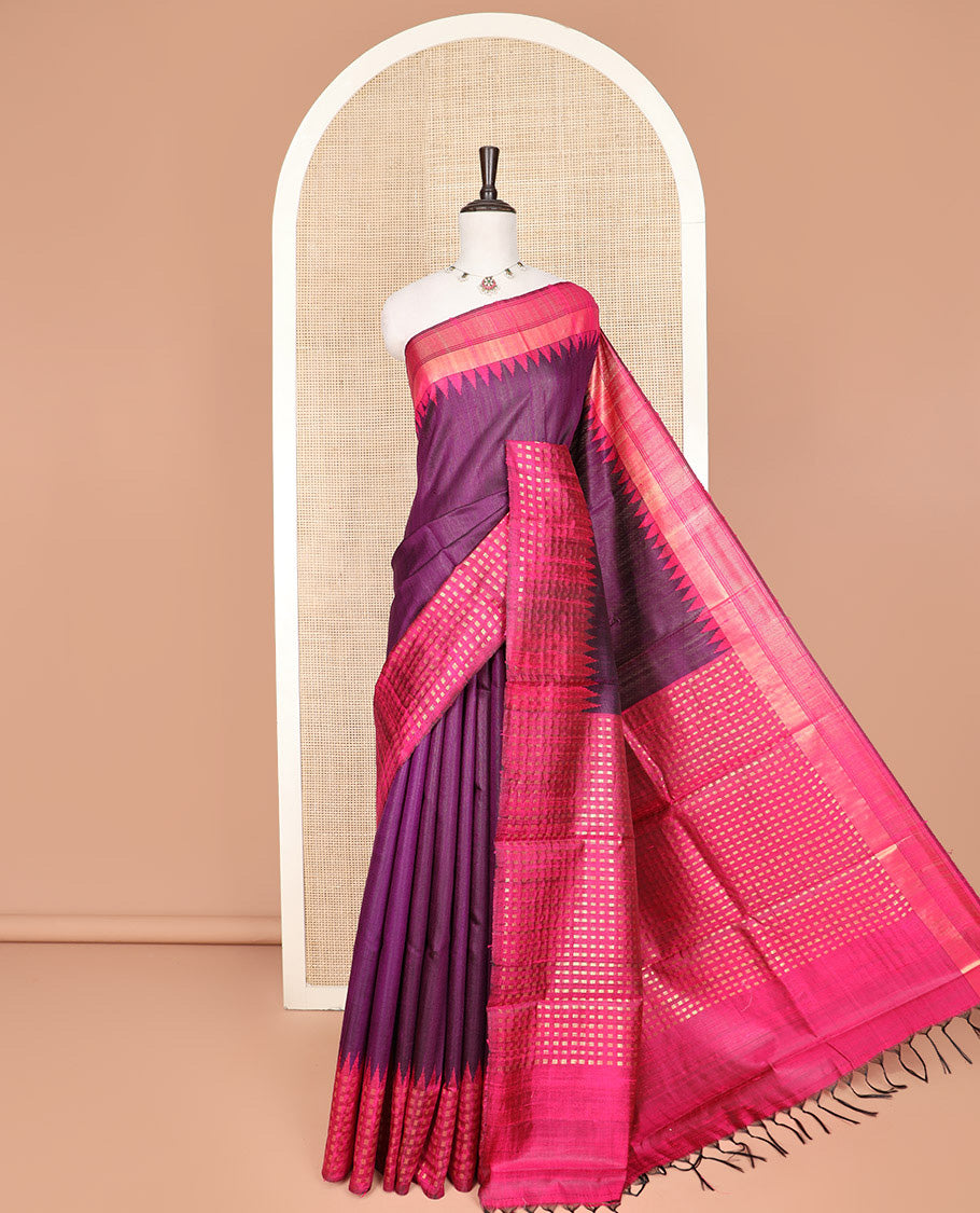 Purple Dupion Silk Saree, Complemented by Contrast Temple Border of Dobby-Style Buttas, Pallu Steeped with Dobby-Style Buttas, and Paired with a Contrast Blouse