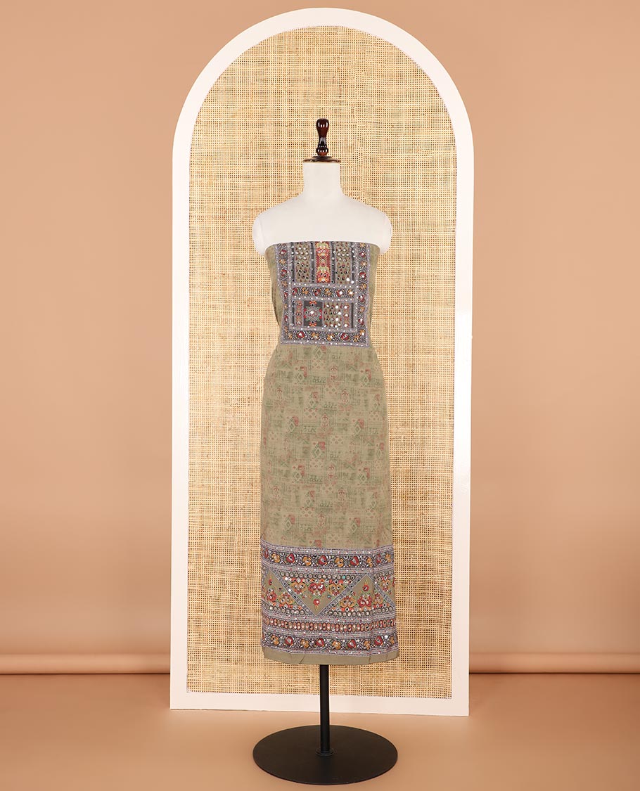 Light mehendi green jacquard ajrak, stone, mirror work crepe chudidhar material top with american crepe pant & chinnon material ajrak digital print , mirror work dupatta