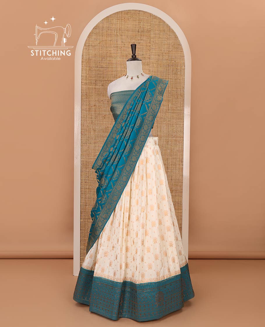 Cream semi-banaras half-saree, zari buttas & contrast Swarovski stonework traditional border skirt, jacquard blouse & contrast jaal jacquard blue dhavani