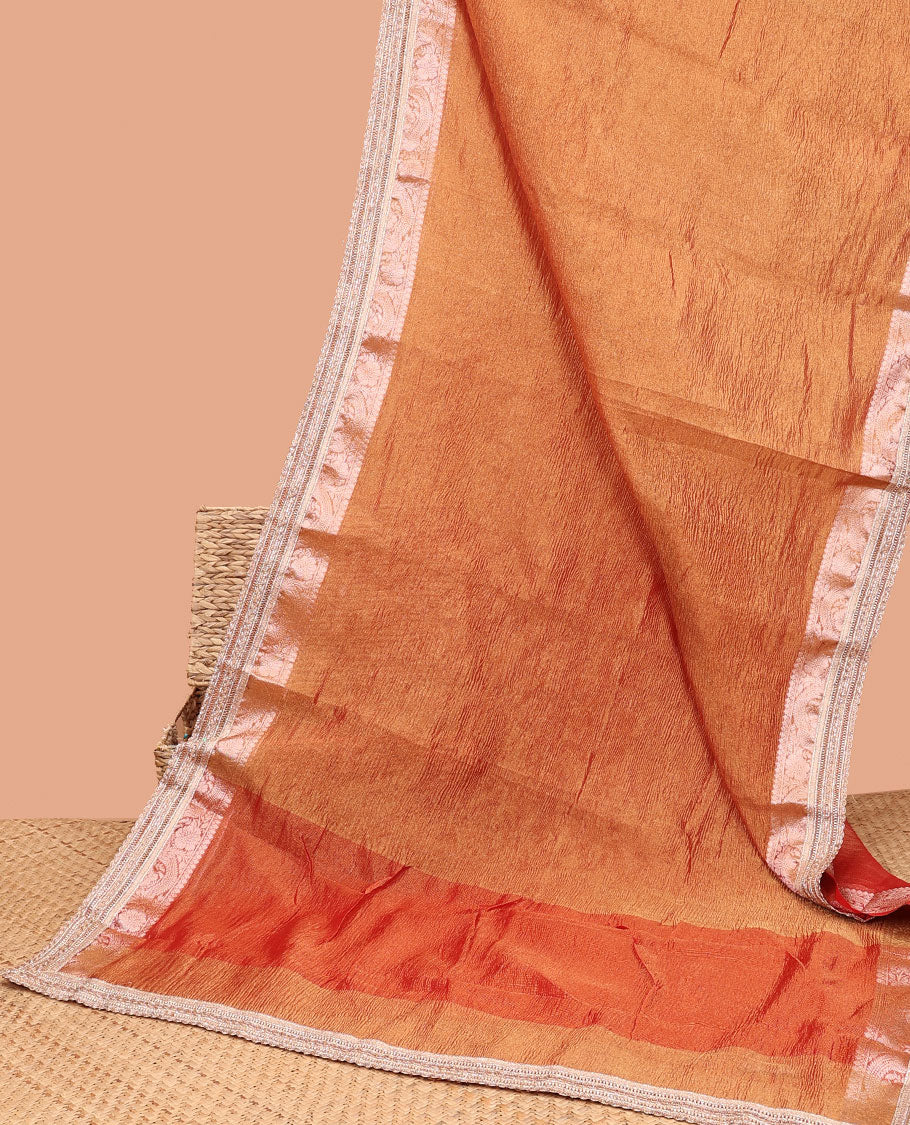 Orange crush tissue saree with self intricate zari design border & striped pallu