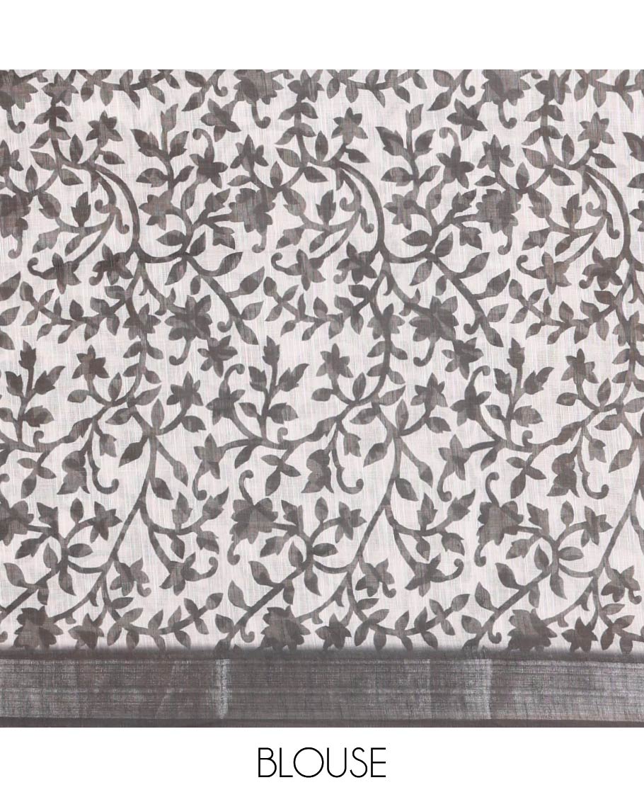 White bud-motif & floral vine printed linen cotton saree, contrast silver zari border, floral vine print pallu & floral print blouse