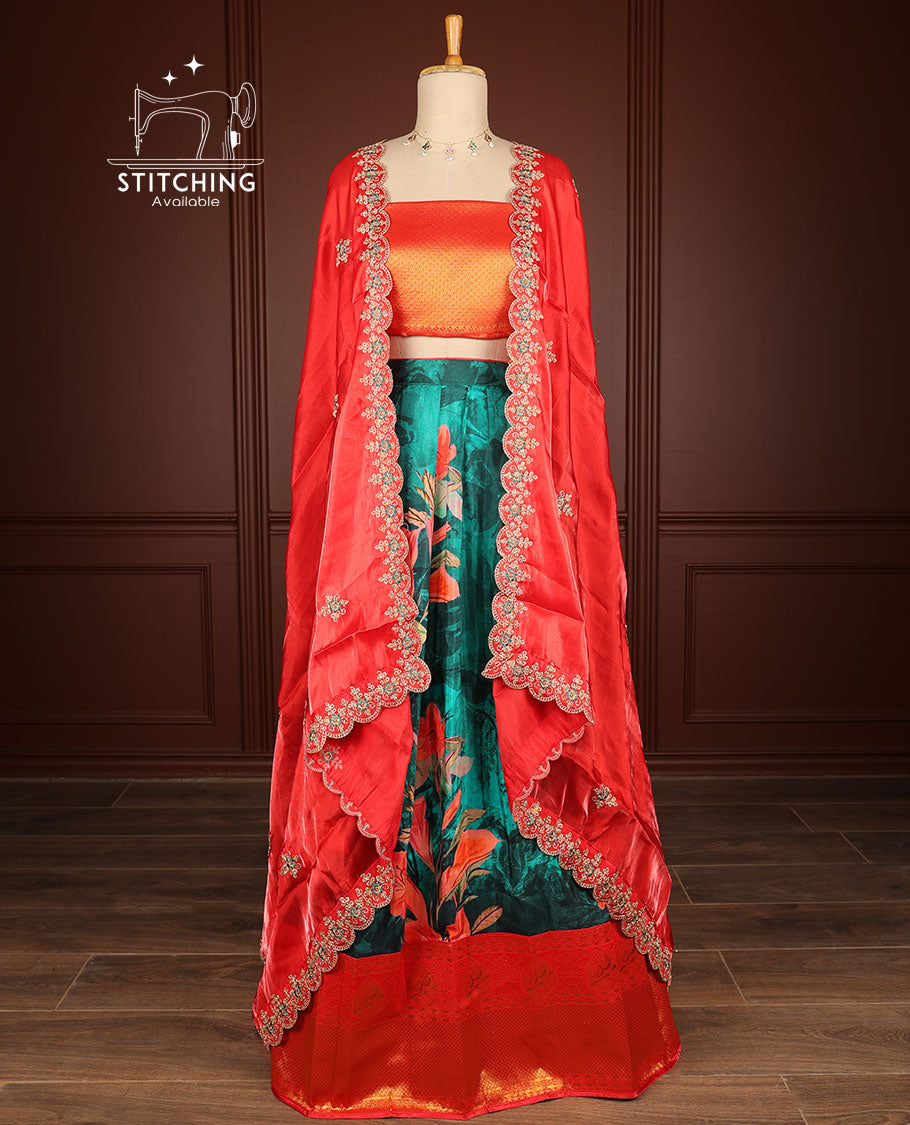 Green floral half saree with contrast zari design border , zari design blouse & floral embroidery scallop border dhavani