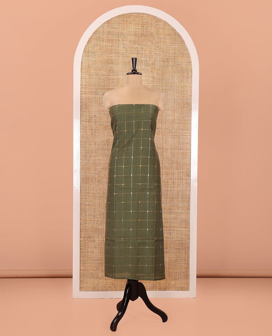 Green Material Churidar Set, Decked Up with Zari Checked Semi-Silk Top, Comes with a Contrast Plain Soft Cotton Bottom, and a Contrast Semi-Silk Dupatta, Pictures a Herd of Elephants