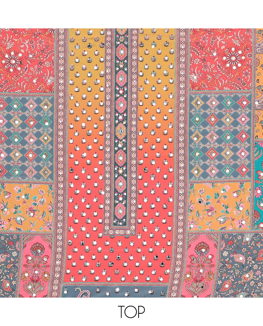 Multi-color chudidhar material set floral design with mirror work, grey plain bottom & floral design mirror work dupatta