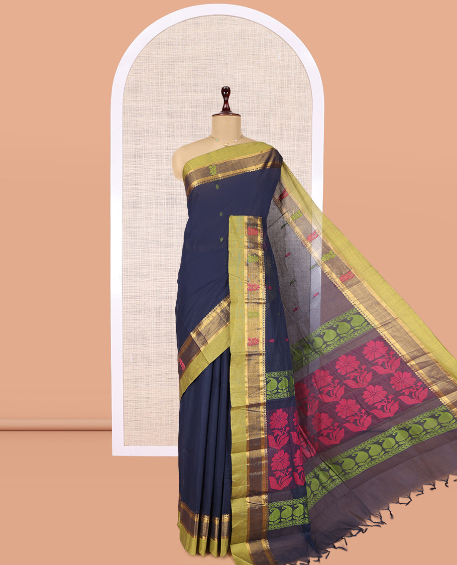 Navy Blue Plain Kanchi Cotton Saree