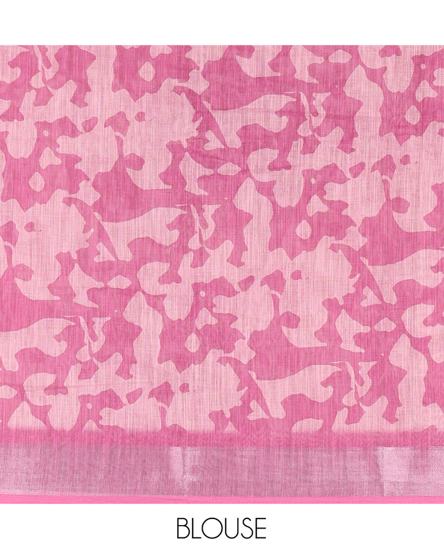 Dusky Pink Linen Cotton Saree, Embellished with Floral Print All Over Its Body, Complemented by a Contrast Zari Bavanji Border, Floral Printed Pallu, and Paired with a Matching Blouse