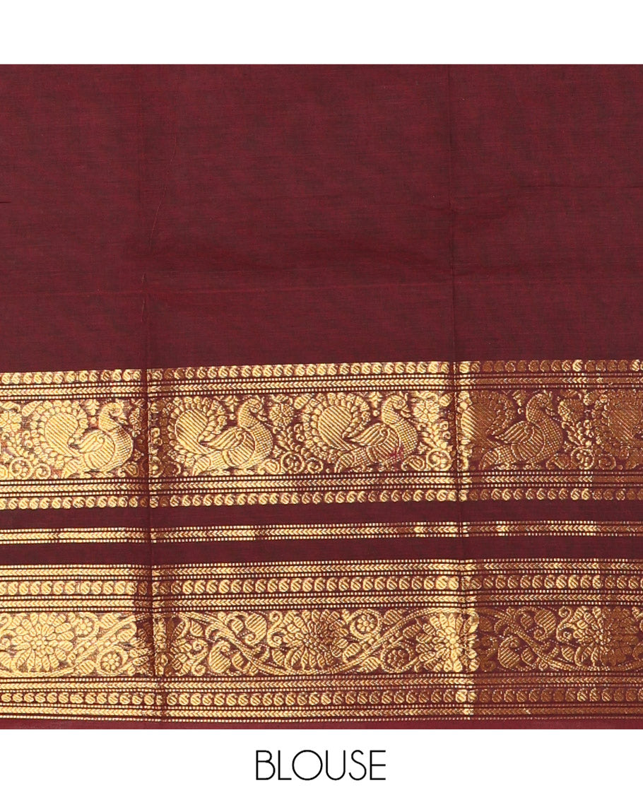 Maroon Plain Chettinad Cotton Saree, Highlighted by a Traditional Zari Border, Striped Pallu, and a Matching Blouse