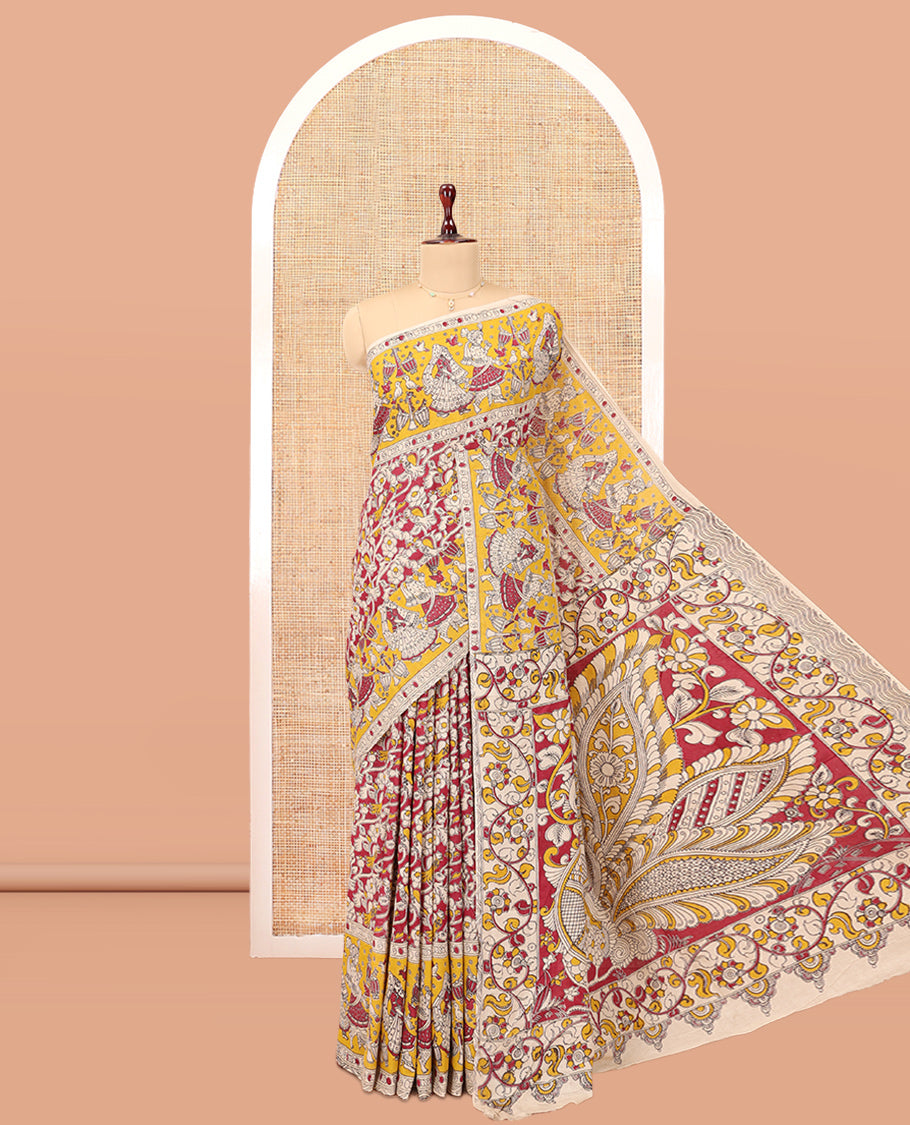 Red Kalamkari Cotton Saree, Adorned with Floral Vine Print, Contrast Printed Border, Kalamkari Peacock Motifs Pallu, and a Contrast Blouse