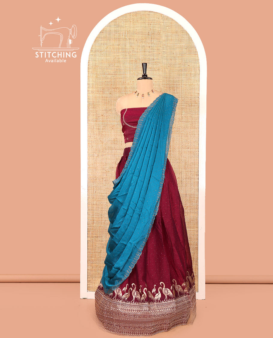Wine Half-Saree Set, Majestically Detailed with Stone Work and Bird Motifs Embroidery on Its Satin Georgette Skirt, Highlighted by Embroidered Border, Paired with a Matching Blouse, and Comes with a Contrast Scallop Stone Work Dupatta
