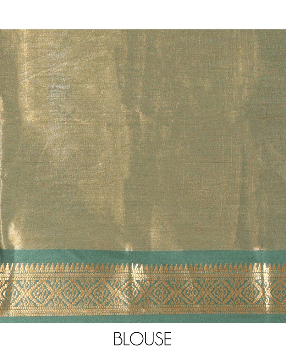 Yellow Plain Tissue Cotton Saree, Contrast Traditional Border, Striped Pallu, and Contrast Blouse