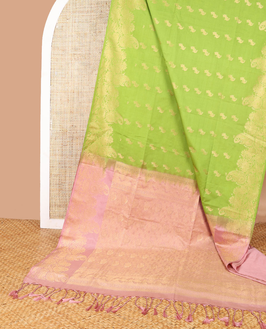 Green buttas soft silk saree with self floral design border & intricate zari design pallu