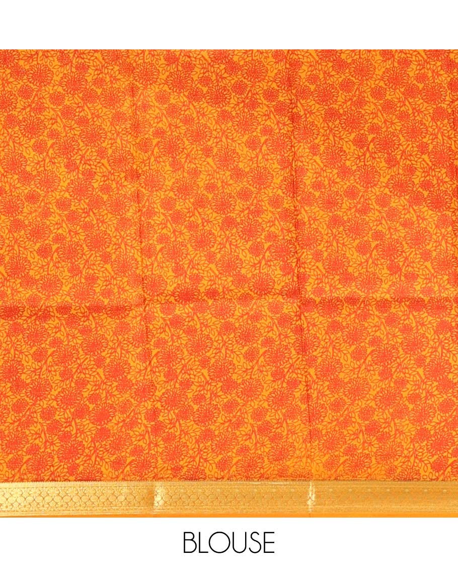 Yellow Printed Silk Saree, Decorated with Geometric Prints, Highlighted by a Traditional Zari Border, Printed Pallu, and a Matching Blouse