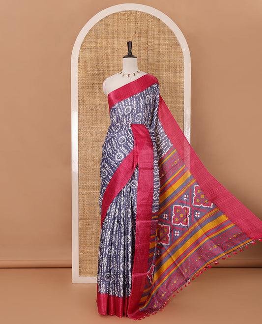 Grey batik-style printed khadi cotton saree, contrast plain border, patola printed pallu & contrast plain blouse