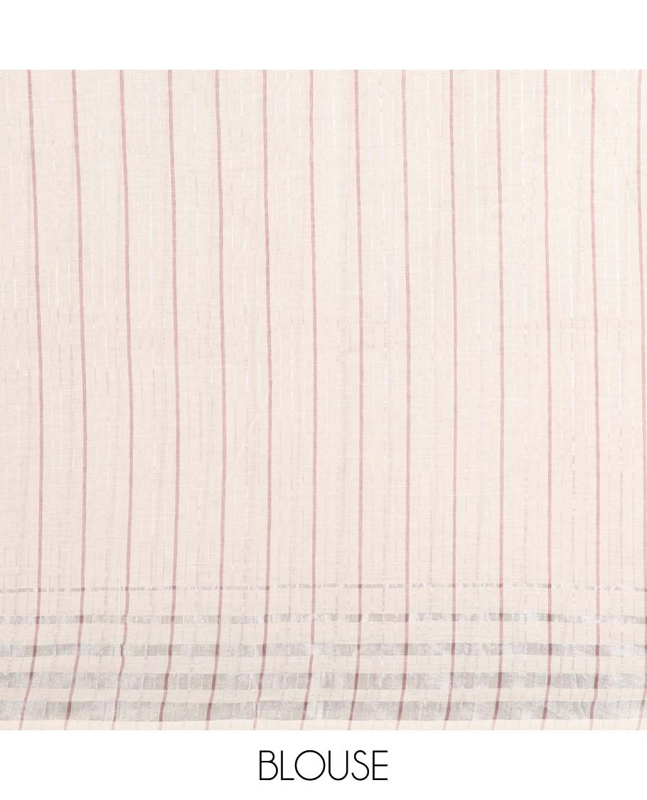 Onion pink linen mix cotton saree with silver zari border & contrast pallu along with contrast blouse
