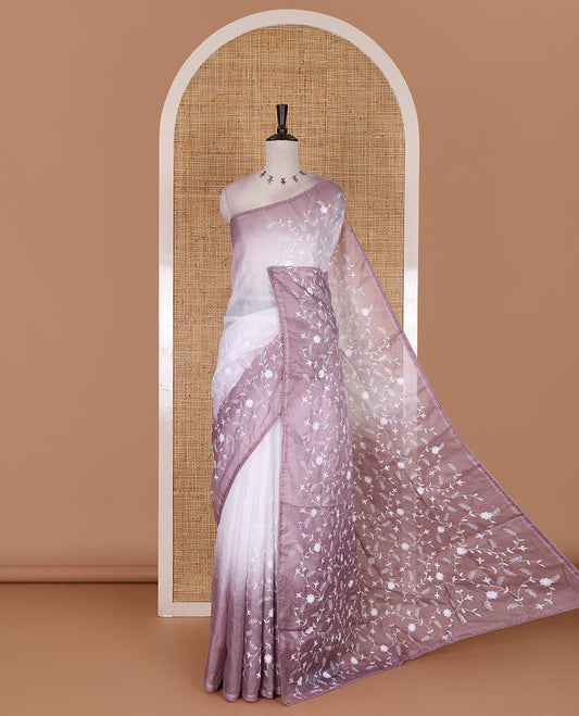 White floral vine chickankari embroidered kota chex saree, lace border, floral vine chickankari embroidered pallu, and contrast plain blouse