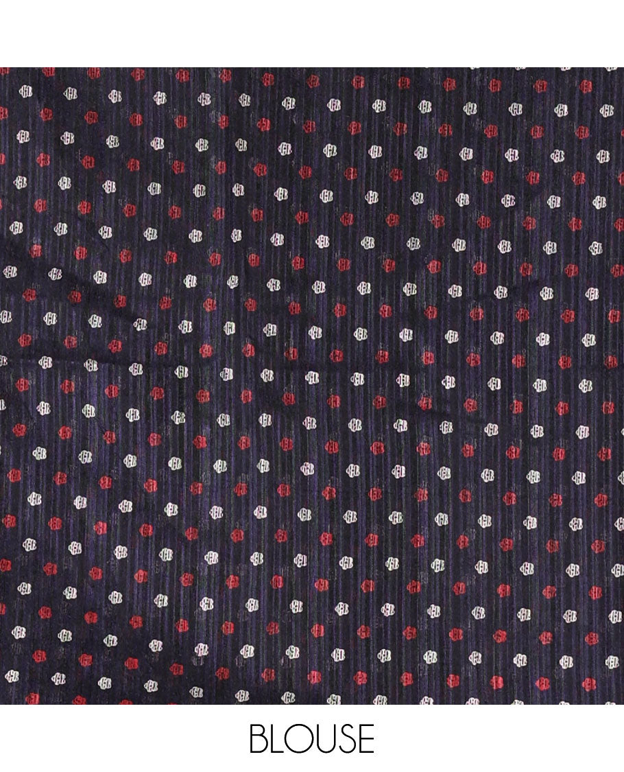 Navy blue jute saree with jamdhani style printed border & printed pallu along with butta design blouse