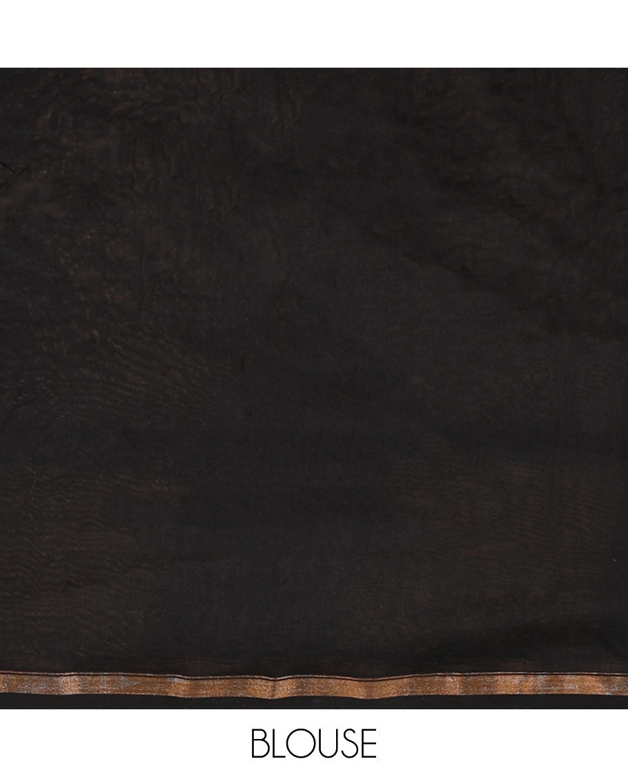 Mustard hand block batik printed chanderi cotton saree with black wax, checked border & black wax printed pallu along with plain blouse