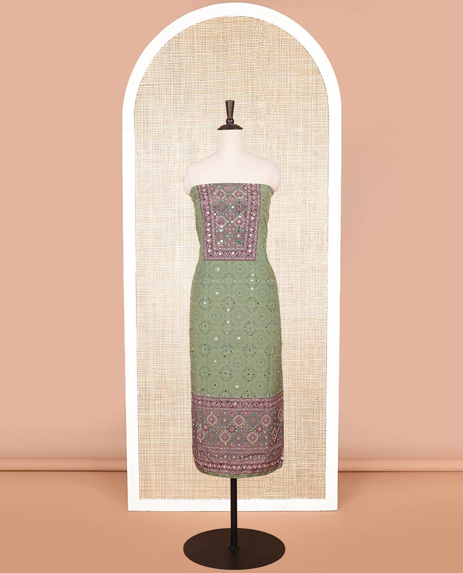 Mint green green jacquard, ajrakh print, mirror work crepe chudidhar material top with american crepe pant & chinnon ajrakh print, mirror work dupatta