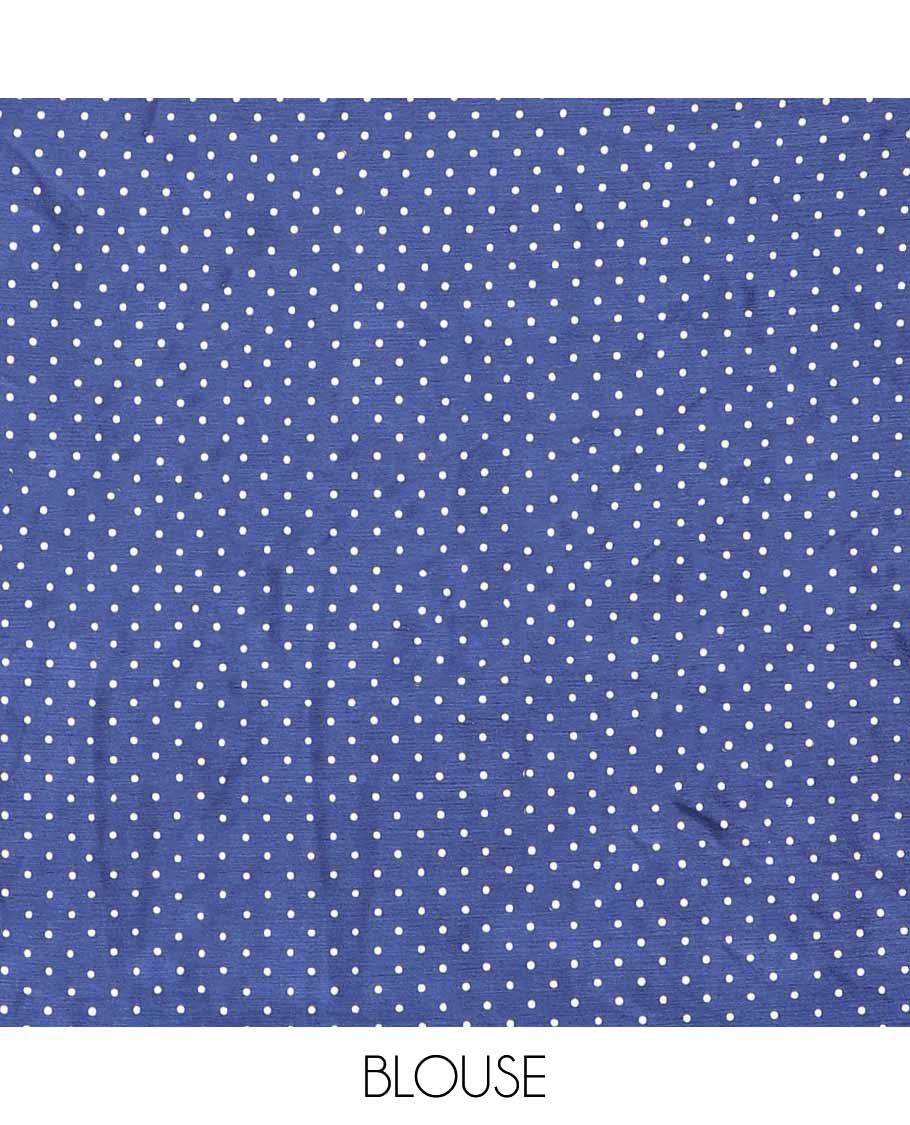 Blue printed turkey crepe saree with printed border & printed pallu along with dot printed blouse