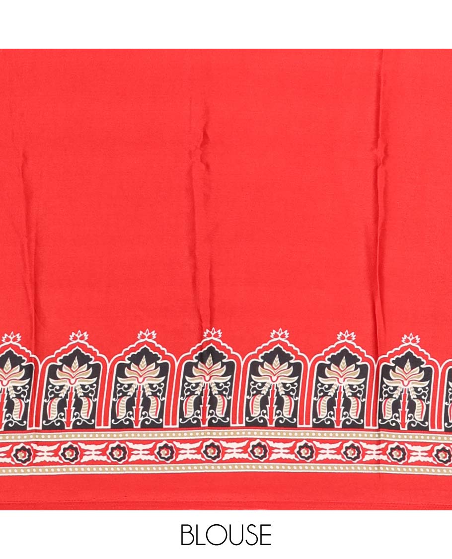 Pista green vertical stripes printed modal silk saree, contrast red temple printed border, ajrakh printed pallu & plain blouse