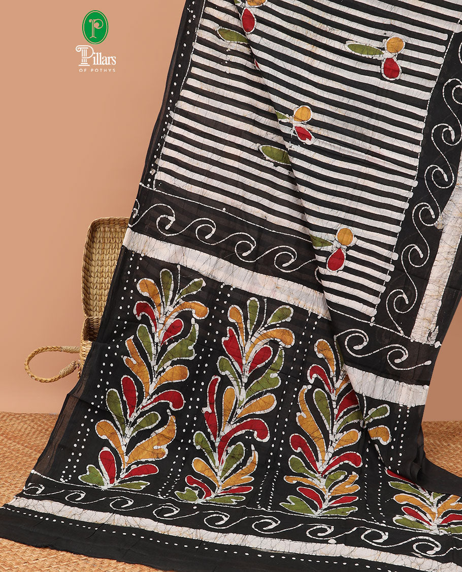 Borderless Black with cream wax printed wax malai cotton saree with printed pallu & plain blouse