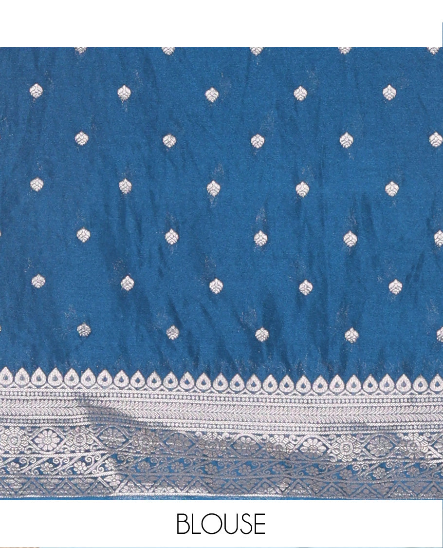 Blue geometric and intricate designs zari woven fancy crepe saree, traditional zari border, floral-star gridded pallu, and a matching blouse
