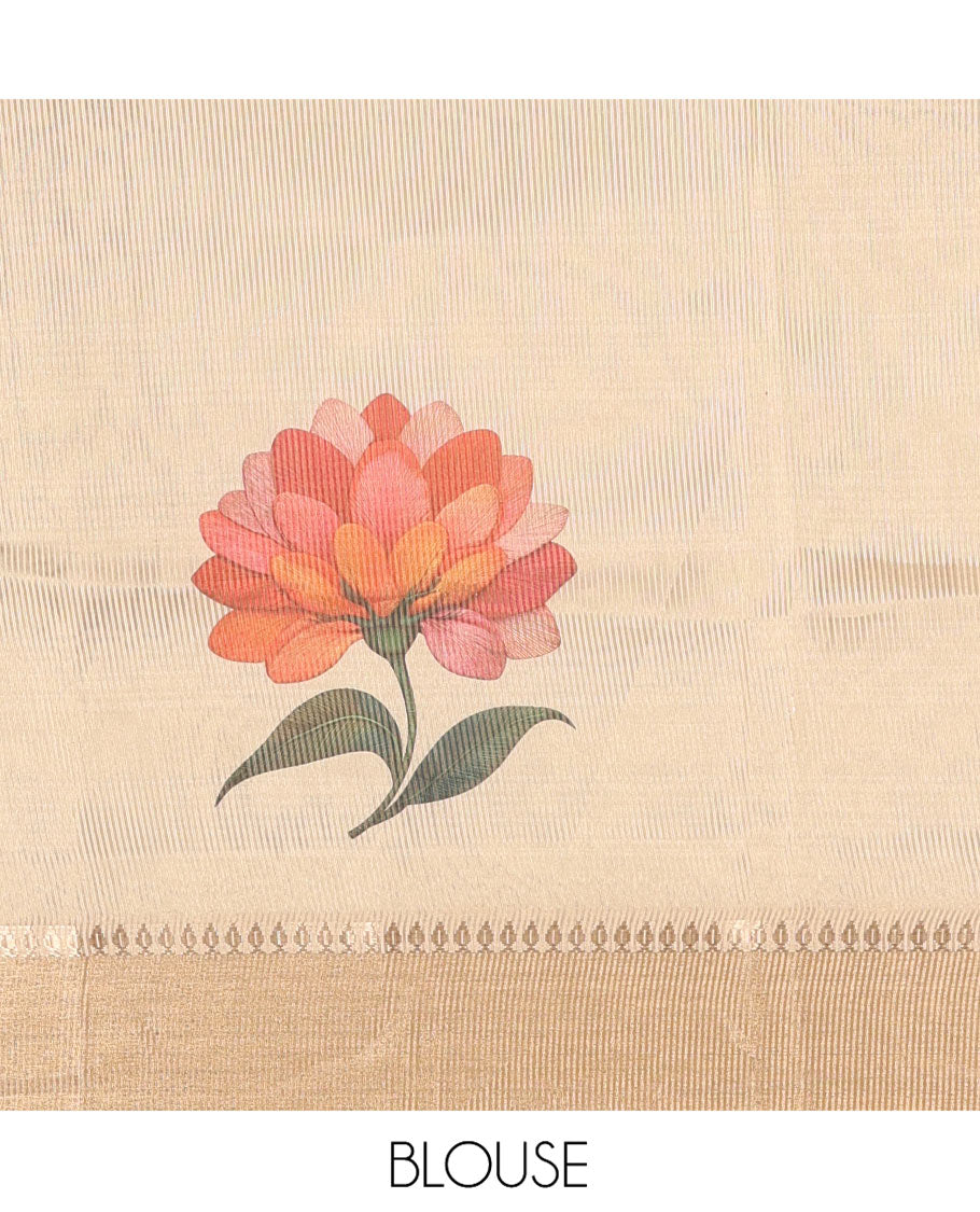 Gold Tissue Saree, Artfully Printed with Floral Motifs Print All Over Its Body, Subtle Zari Border, Pallu Depicts Floral Print, and Paired with a Matching Printed Blouse